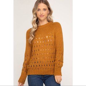 Long Sleeve Cable Knit Sweater With Ribbed Hem